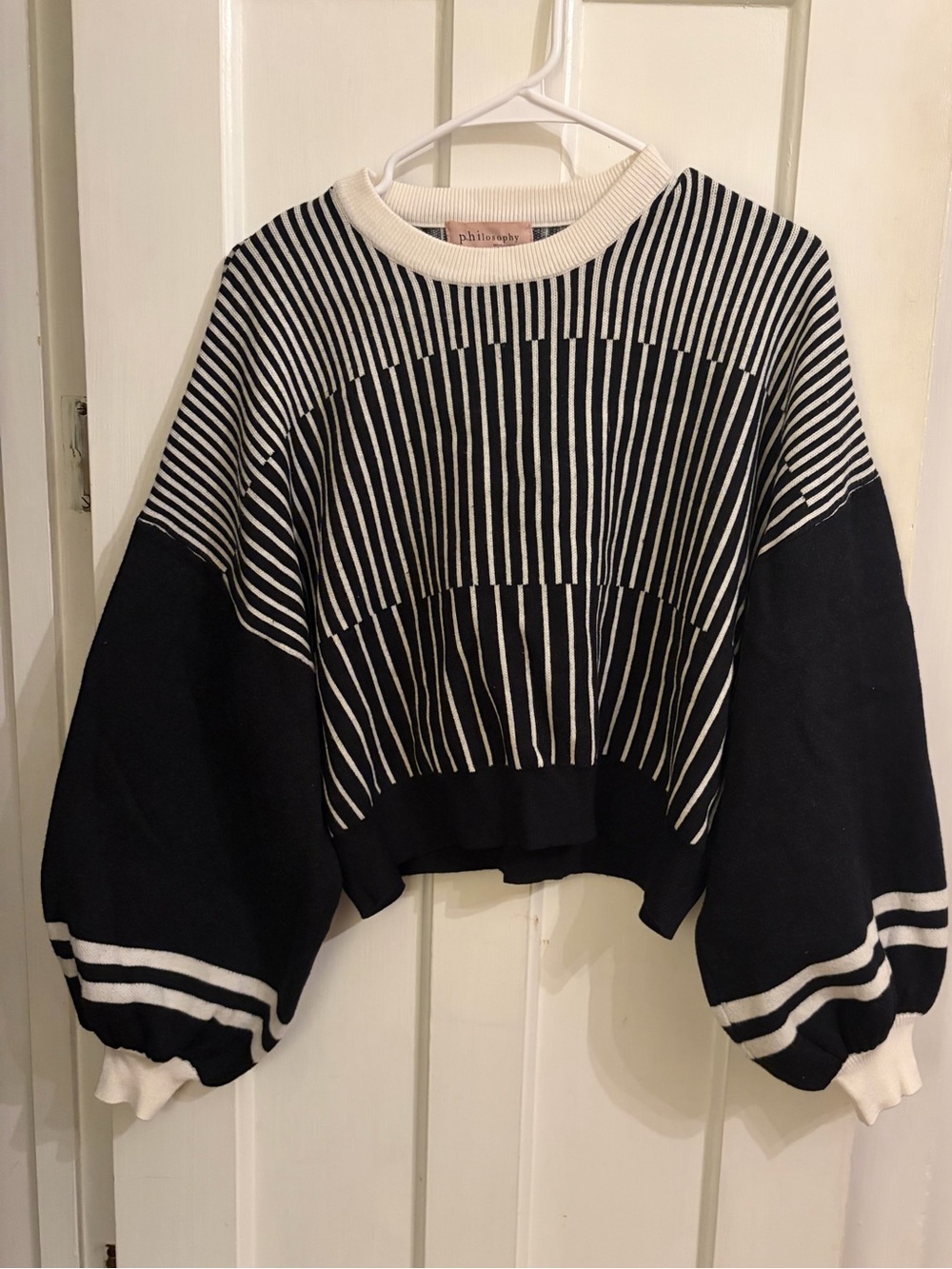 Philosophy Black and White Striped Crewneck Sweater